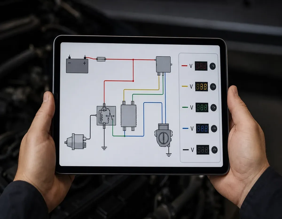 Tablet mit Stromlaufplan in den Händen eines Nutzers am Schreibtisch